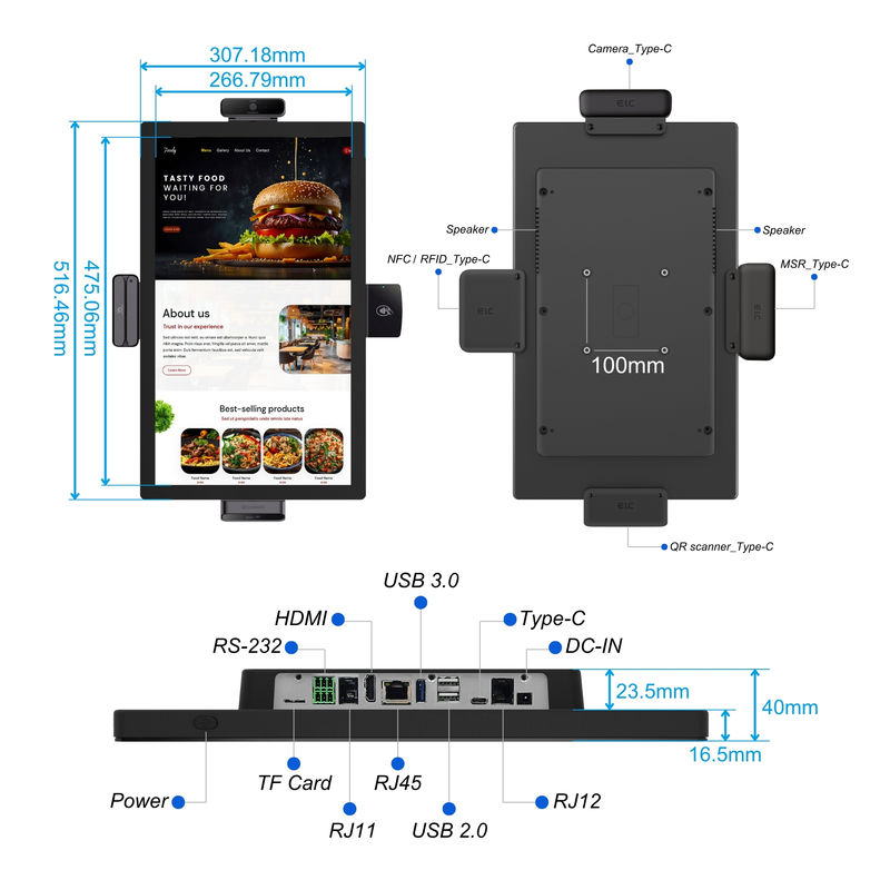 21.5" Touch Screen Android Tablet RK3576 voor Restaurant Point of Sale Terugbestelling Kiosk Zelfbediening bestelmachine